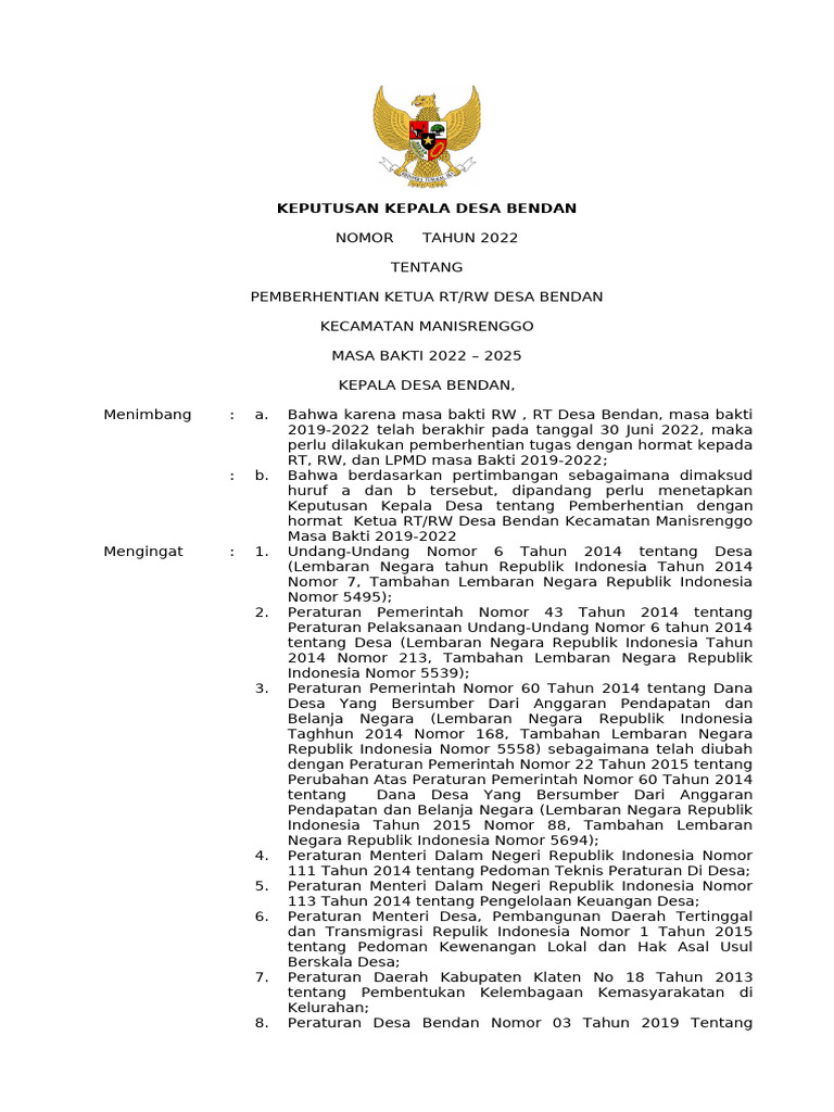 Pemberhentian Ketua RT/RW Desa Bendan | PDF