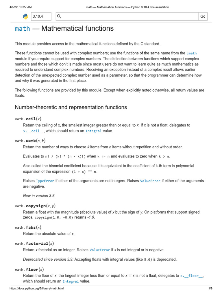 Math — Mathematical Functions — Python 3.10.4 Documentation | PDF ...