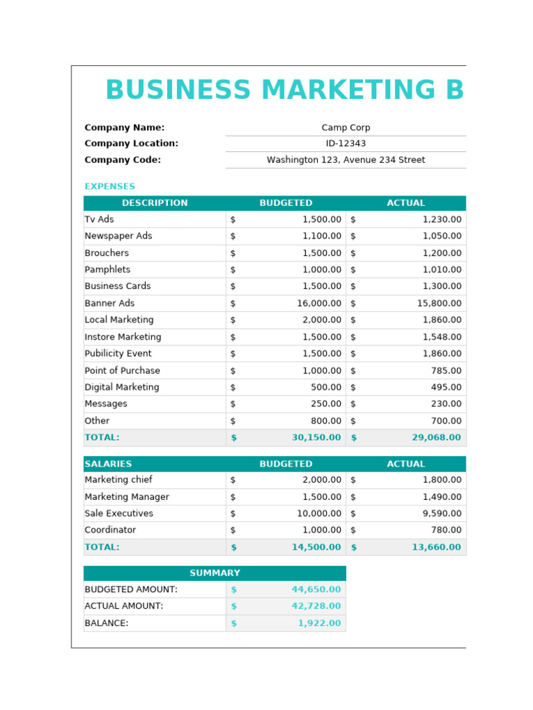 Business Marketing Budget Template PDF