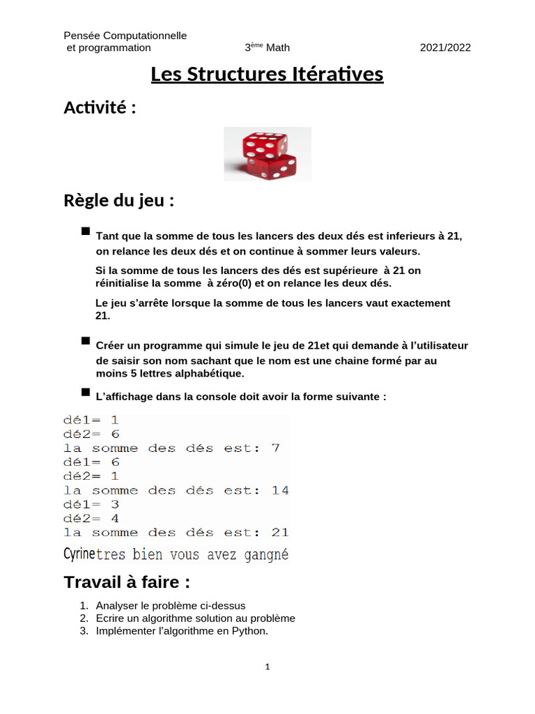Jeu de 21 : Algorithmes et Python | PDF | Structure de contrôle ...