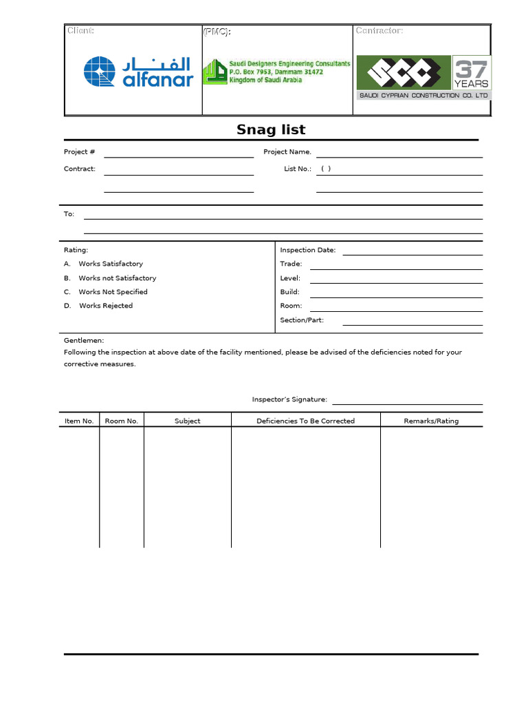 Snag List for Project Inspection Report | PDF