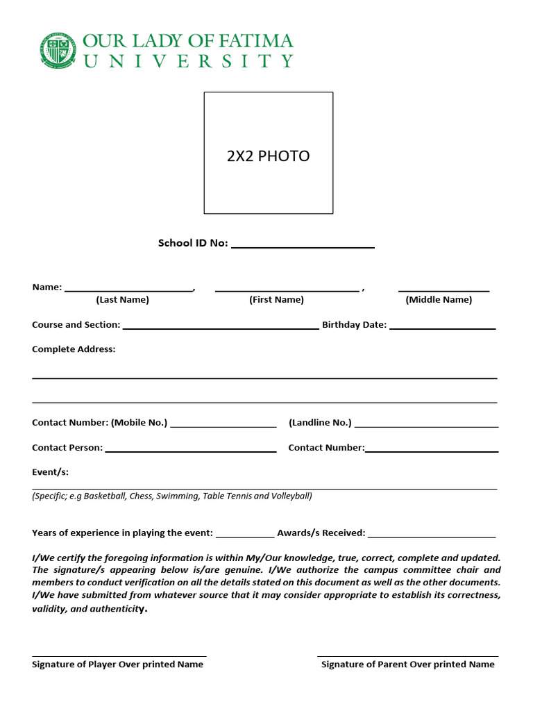 2x2 Photo ID Form for School Events | PDF