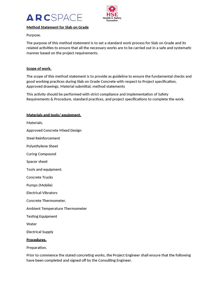 Concrete Slab on Grade Method Statement | PDF | Concrete | Building ...