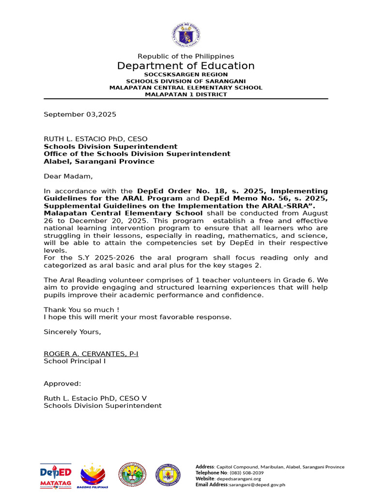 ARAL Program Implementation at Malapatan School | PDF
