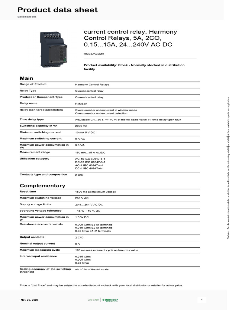Harmony Current Control Relay RM35JA | PDF | Relay | Alternating Current