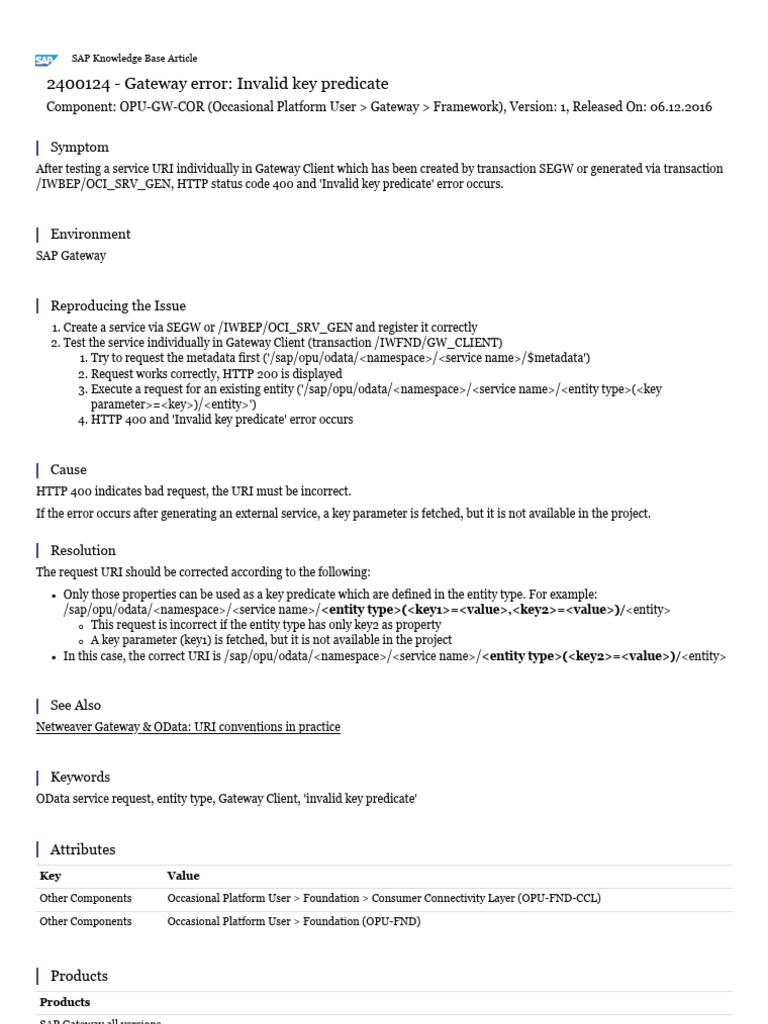 SAP Gateway Invalid Key Predicate Error | PDF
