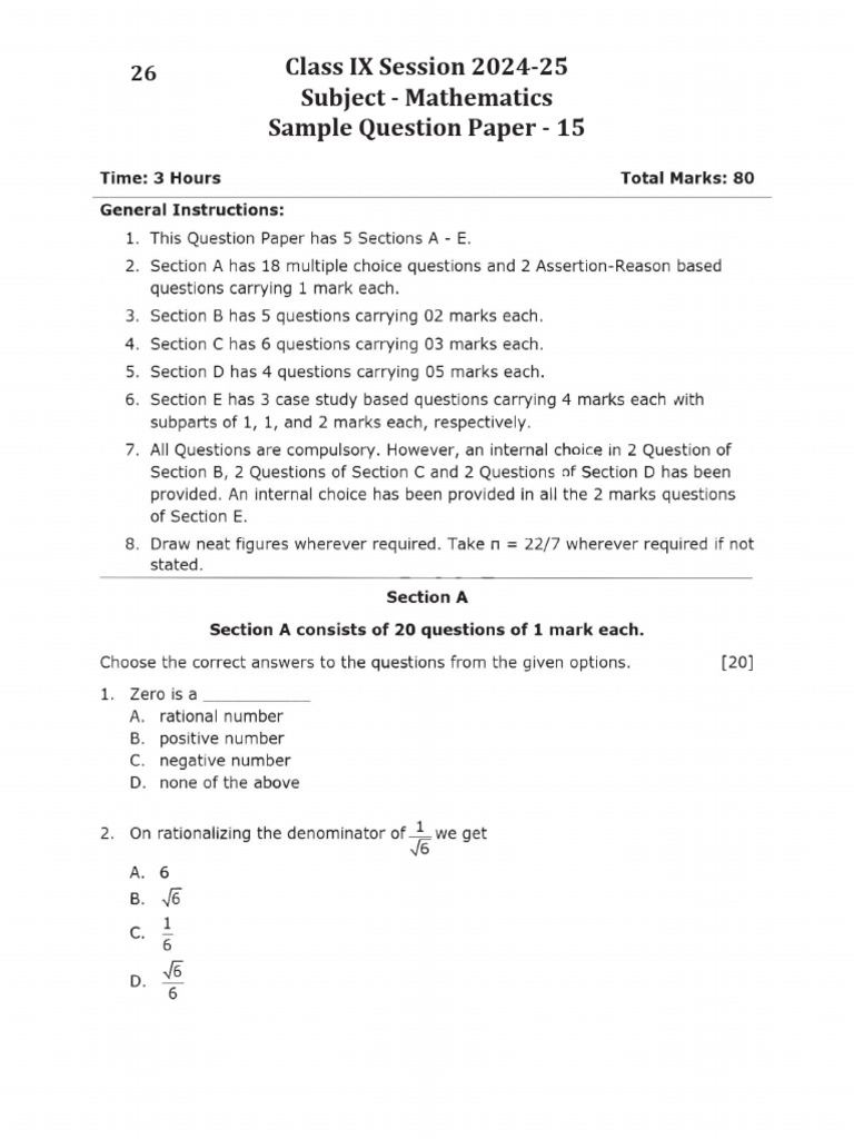 Class X Session 202 - 2 Subject - Mathematics Sample Question Paper | PDF