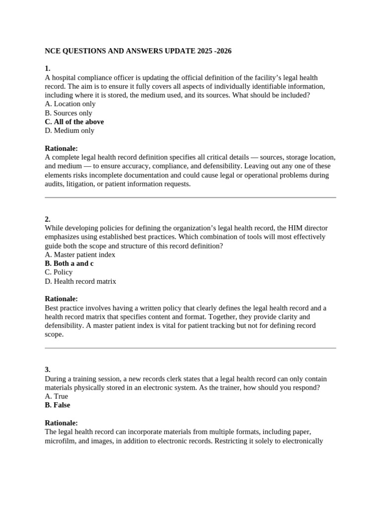 NCE Questions & Answers 2025-2026 Guide | PDF | Electronic Health ...