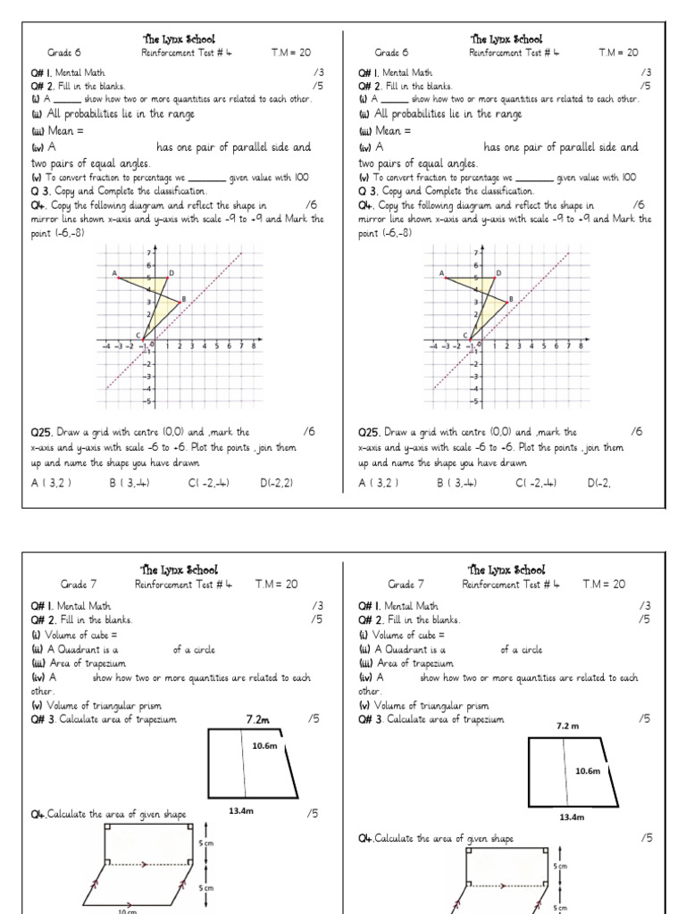 Grade 6 & 7 Math Reinforcement Tests | PDF | Area | Cartesian ...