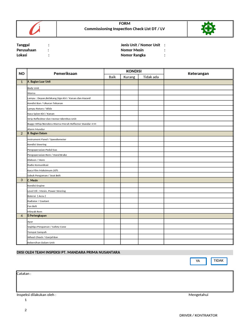 Daftar Periksa Inspeksi Unit DT/LV | PDF