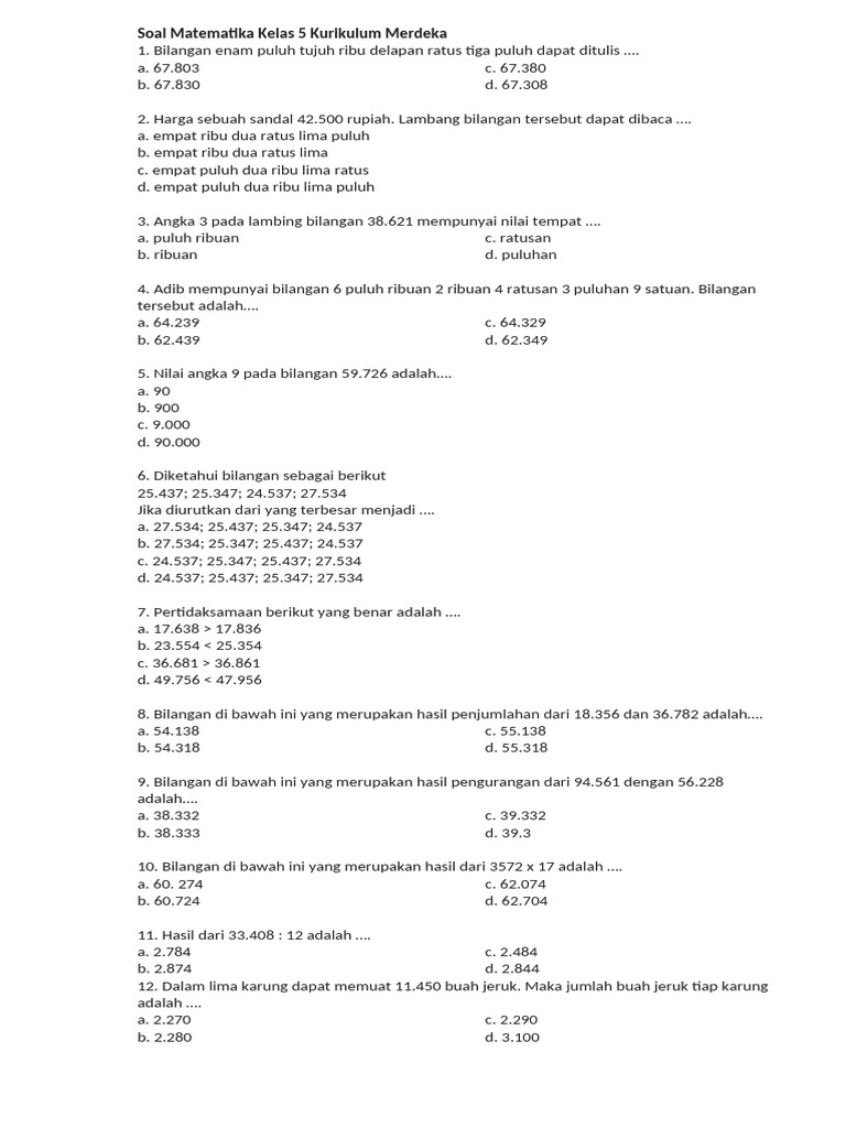 Soal Matematika Kelas 5 Kurikulum Merdeka | PDF