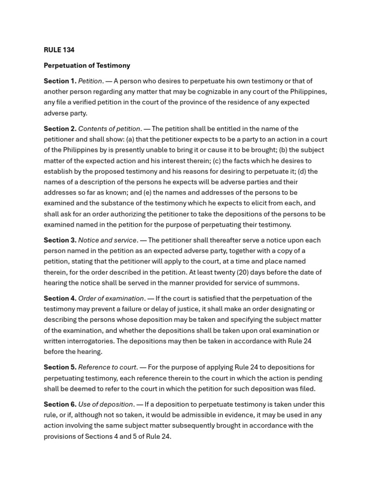 Rule 134: Perpetuation of Testimony | PDF | Deposition (Law) | Judgment ...