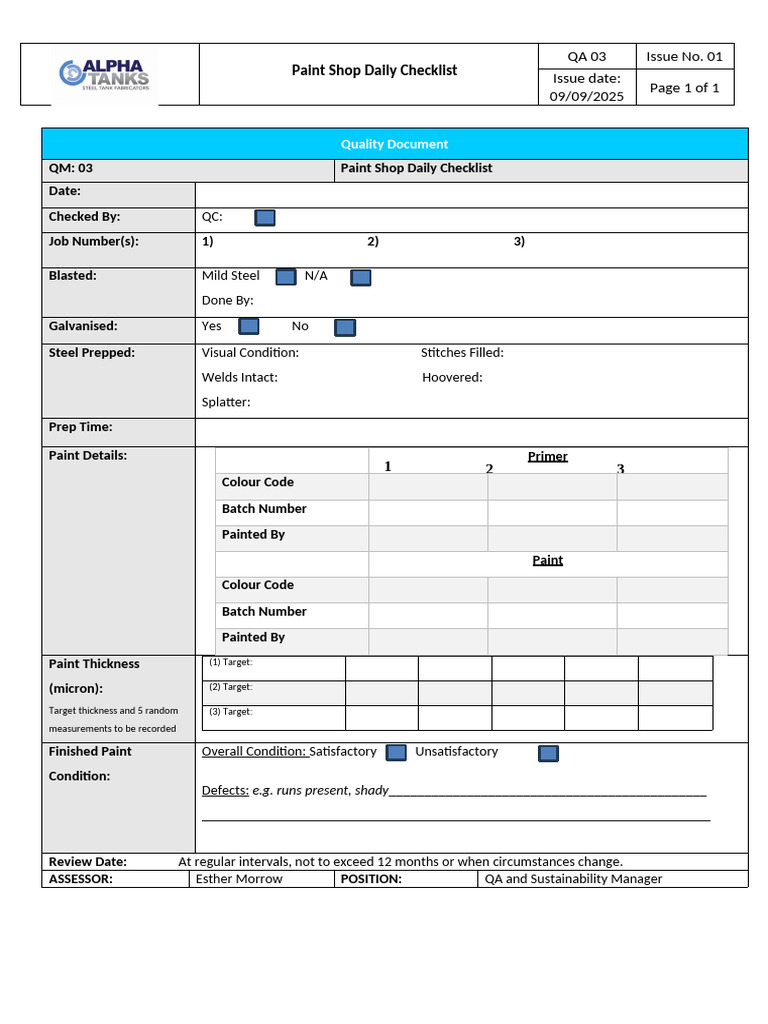 Paint Shop Daily Quality Checklist | PDF | Secondary Sector Of The ...