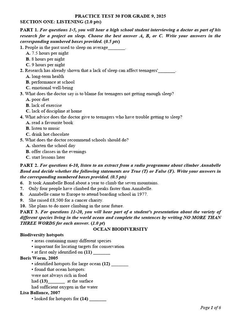 Grade 9 Practice Test 2025: Listening & Grammar | PDF | Waste | Fuel ...
