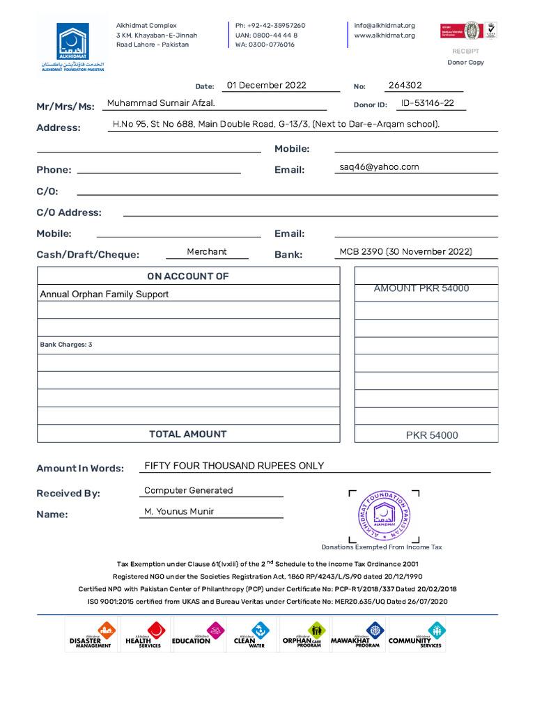 Donation Receipt for Orphan Support | PDF