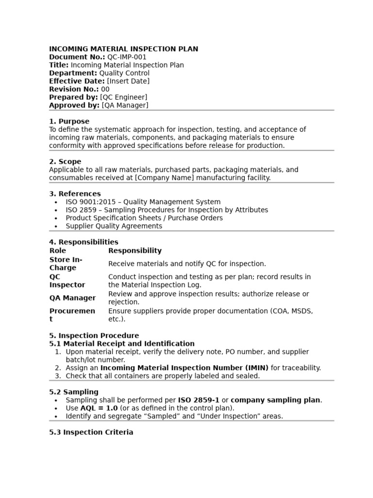 Incoming Material Inspection Plan Guide | PDF | Quality Assurance ...