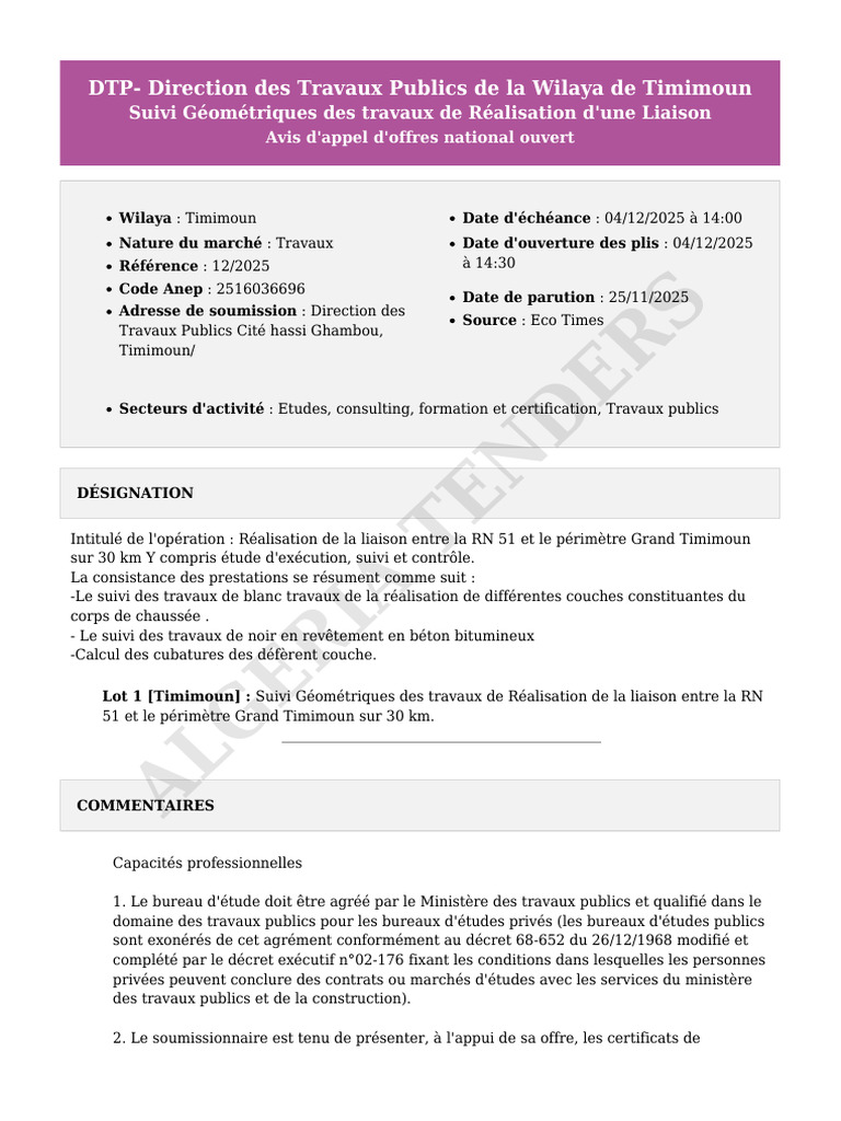 Appel d'offres : Liaison RN 51 Timimoun | PDF