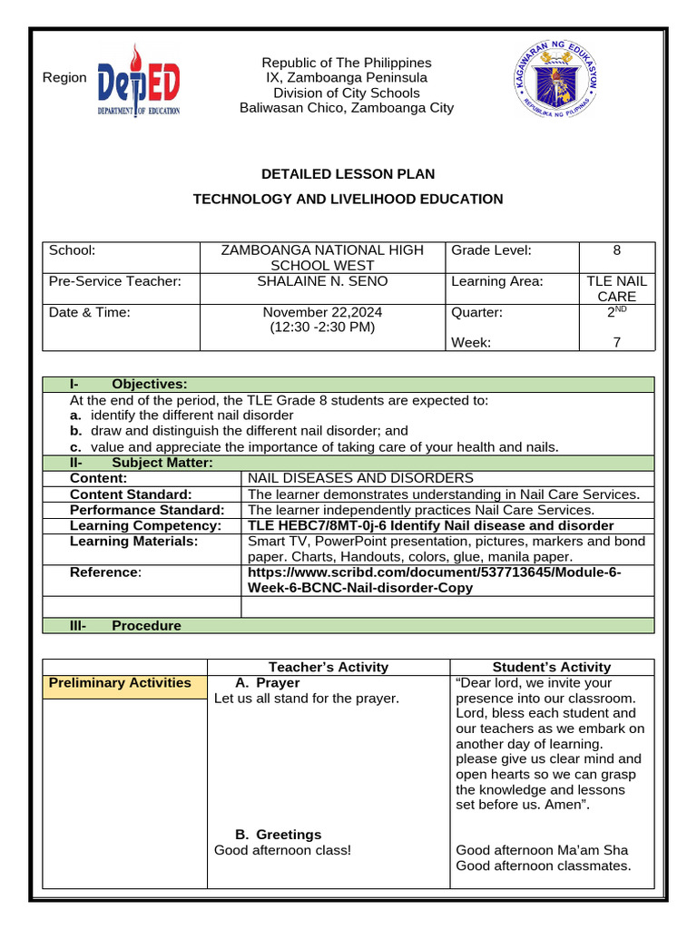 Lesson Plan in NAIL CARE | PDF | Nail (Anatomy) | Chronic Condition