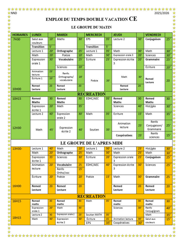 Emploi du temps double vacation CP 2025 | PDF | Linguistique ...