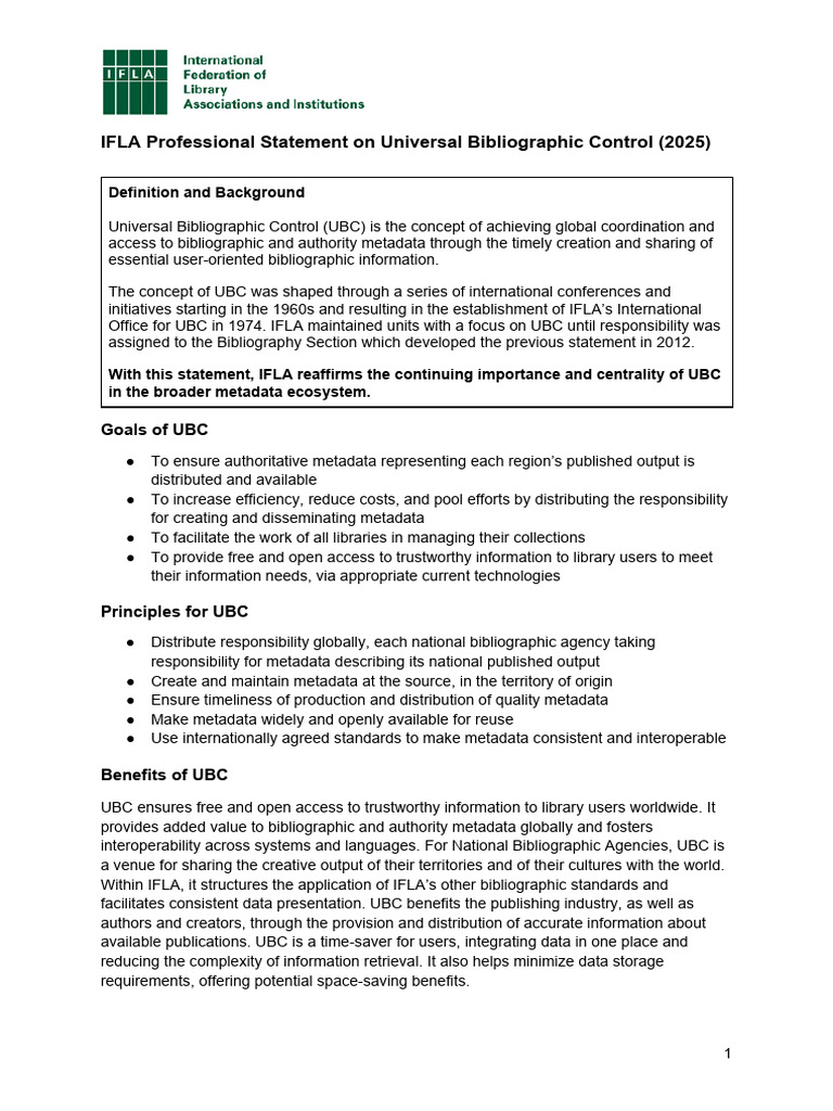 Ifla 2025 Professional Statement on Universal Bibliographic Control ...