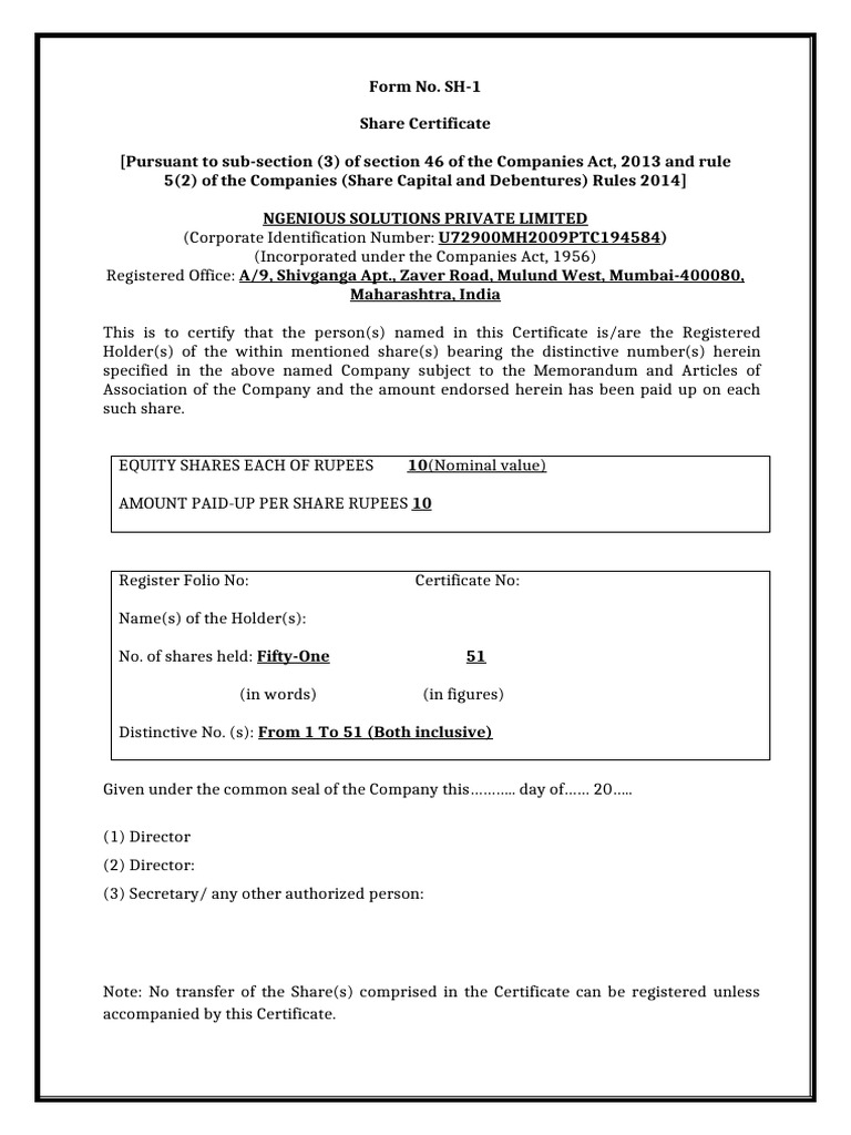 SH-1 Share Certificate | PDF