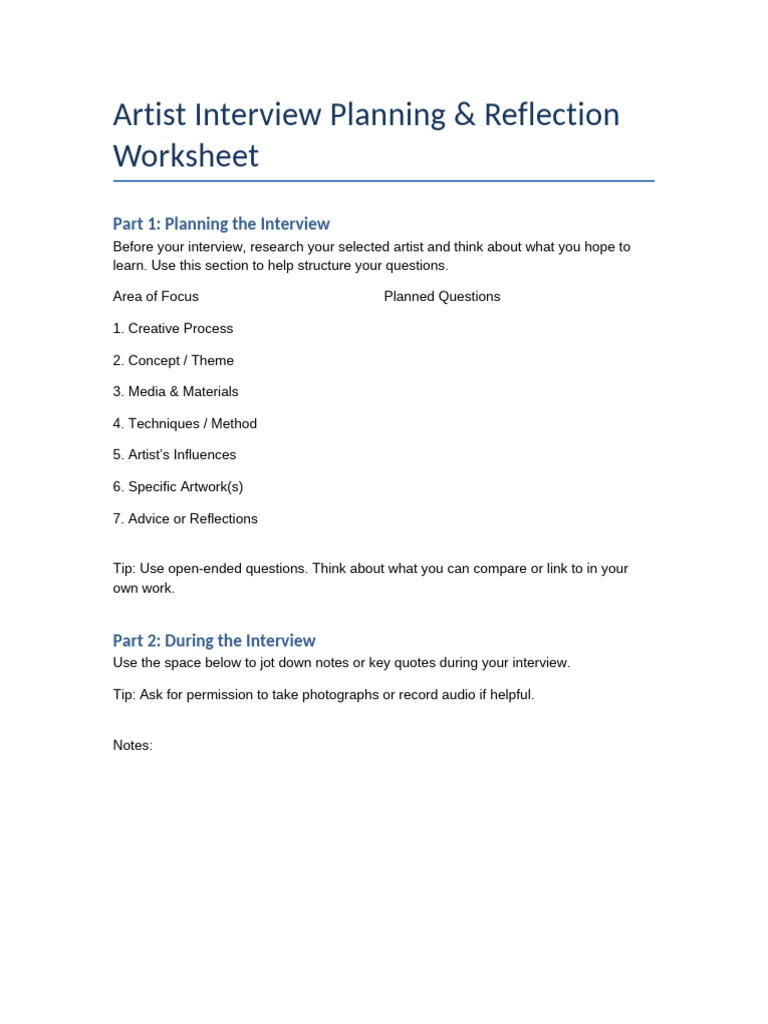 Artist Interview Planning Reflection Worksheet | PDF