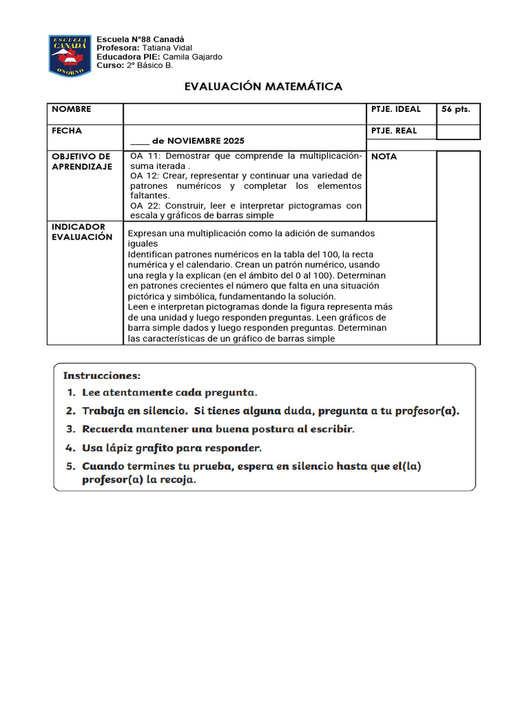 EVALUACIÓN MATEMÁTICA Prueba de Unidad Noviembre | PDF | Matemáticas