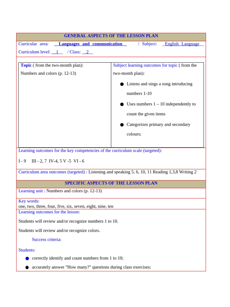 Daily-Plan - 3 - Numbers and Colors (P. 12-13) | PDF | Curriculum ...