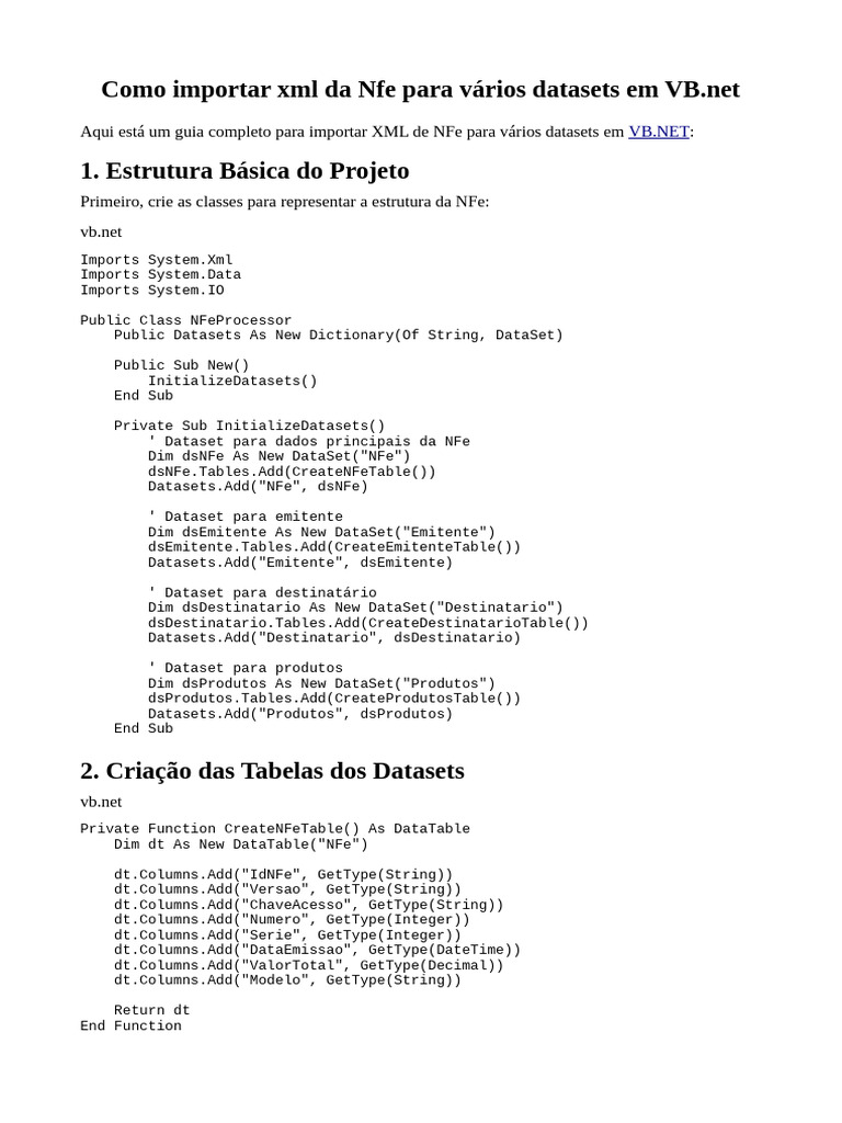 Importar XML NFe para Datasets VB.NET | PDF | Tipo de dado booleano ...
