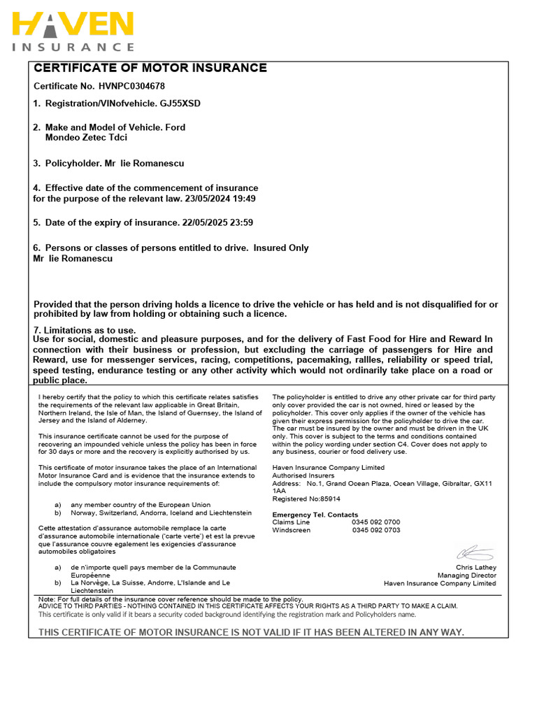 Motor Insurance Certificate Details | PDF | Insurance | Vehicle Insurance
