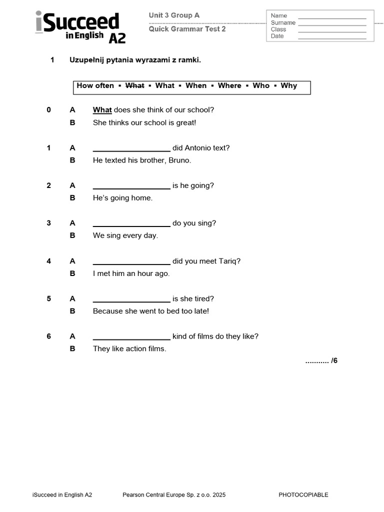 English A2 Question Practice Worksheet | PDF