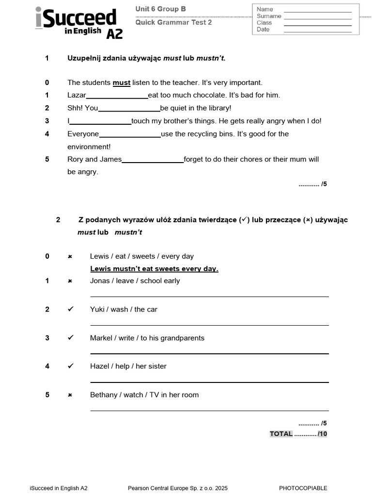 Unit 6 - Quick Grammar Test 2 - Group B | PDF