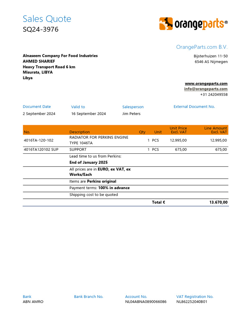Sales Quote for Perkins Engine Parts | PDF