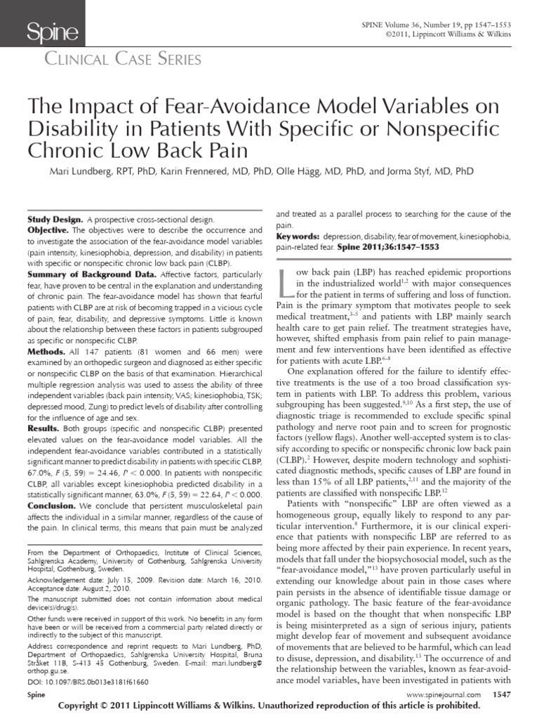 Fear-Avoidance and Disability in CLBP | PDF | Pain | Back Pain
