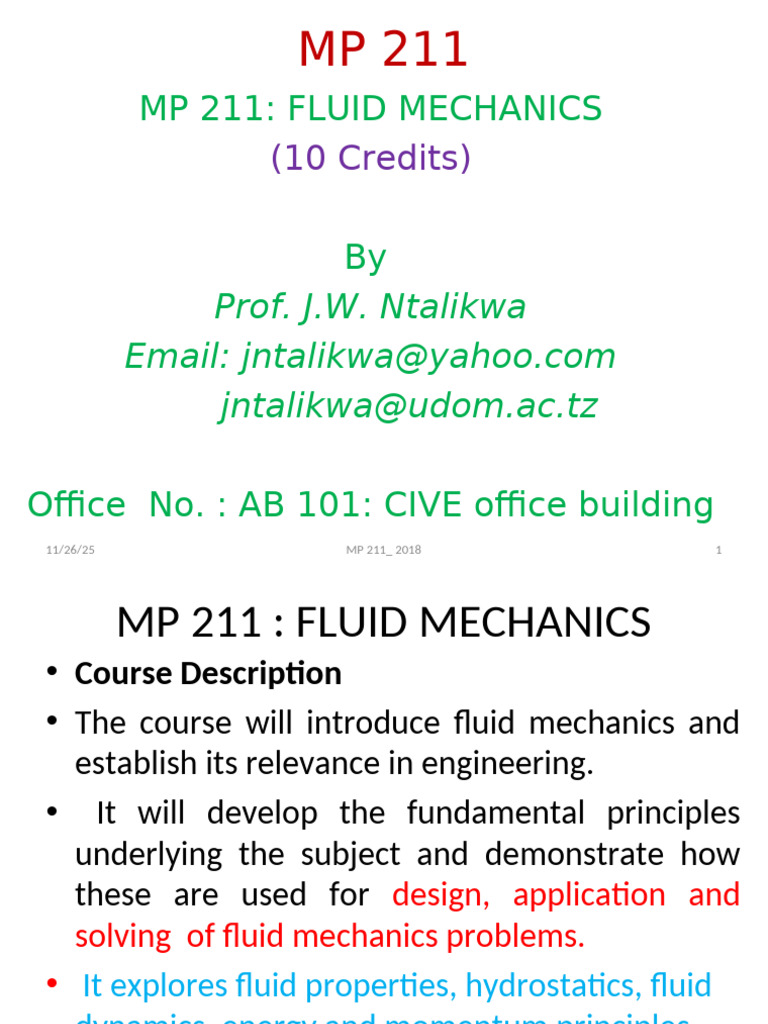Fluid Mechanics Course Overview MP 211 | PDF | Viscosity | Shear Stress