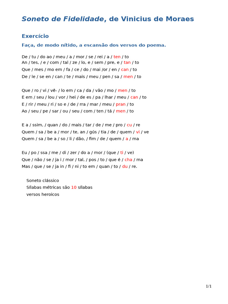 Escansão Do Soneto de Fidelidade (Gabarito) | PDF
