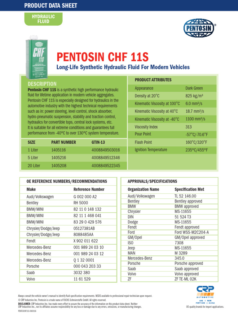 Pentosin CHF 11S Hydraulic Fluid Data | PDF | Viscosity | Vehicle ...