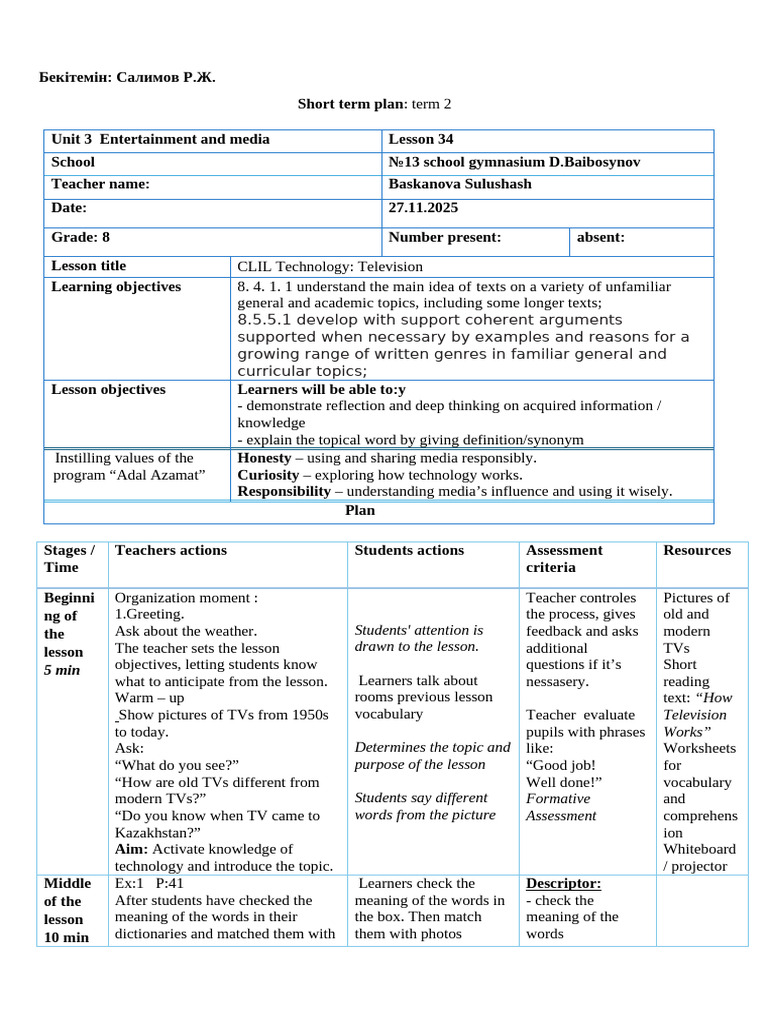 CLIL Lesson Plan: Television Technology | PDF | High Definition ...