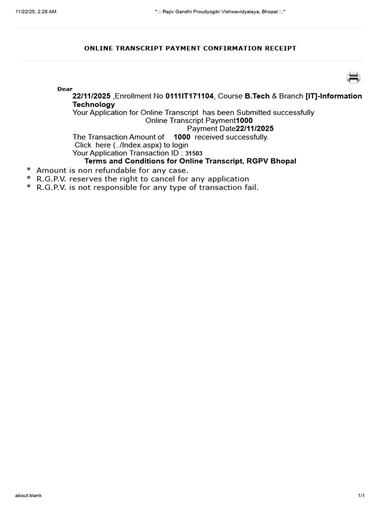 Online Transcript Payment Receipt | PDF