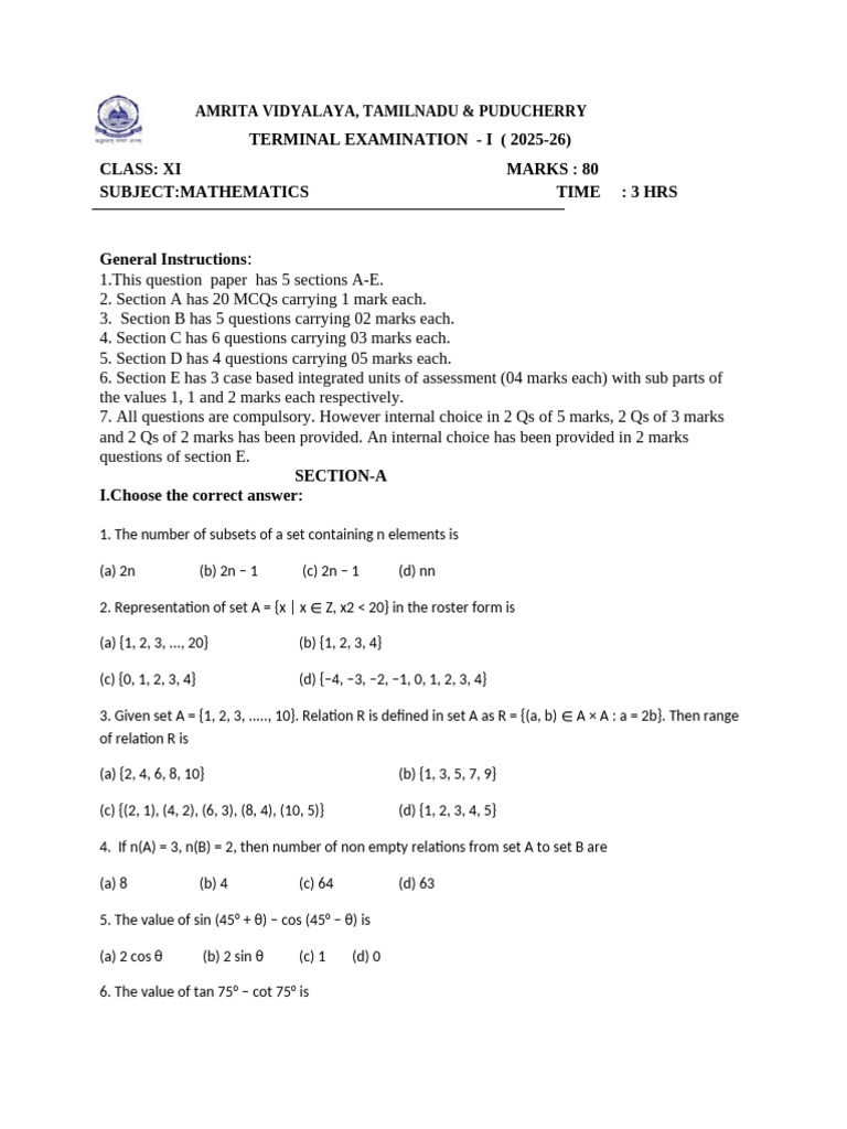 Class XI Mathematics Exam Paper 2025-26 | PDF | Chess Openings | Chess ...