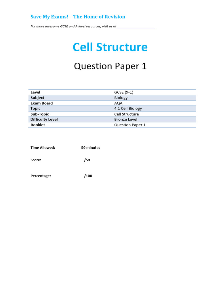 GCSE Biology Cell Structure Exam Paper | PDF | Cell (Biology) | Bacteria