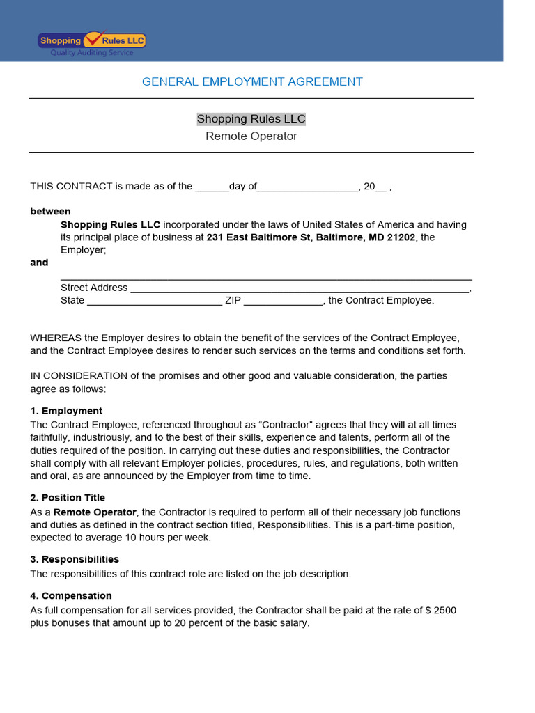 General Employment Agreement for Remote Operator | PDF | Employment ...