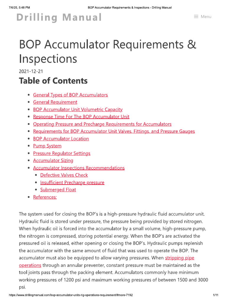 BOP Accumulator Requirements & Inspections | PDF