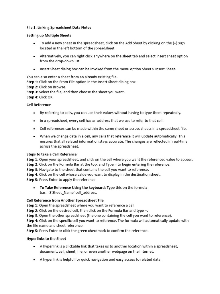 Unit 2 It Electronic Spreadsheet Class 10 | PDF | Hyperlink | Spreadsheet