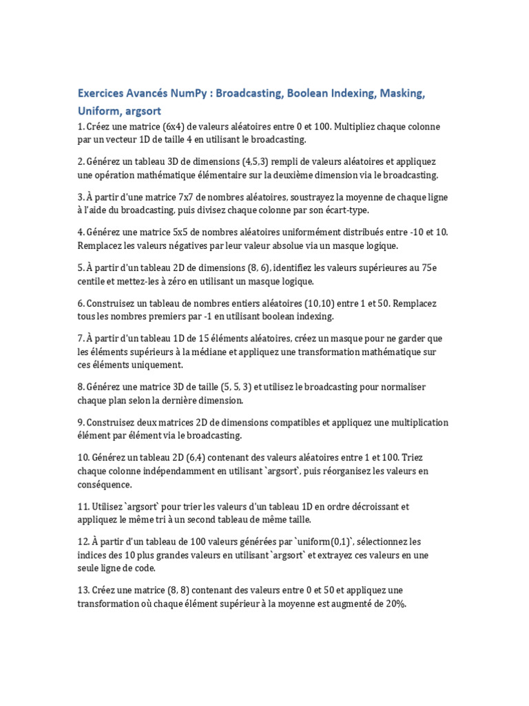 Exercices Avancés sur NumPy et Broadcasting | PDF | Matrice ...