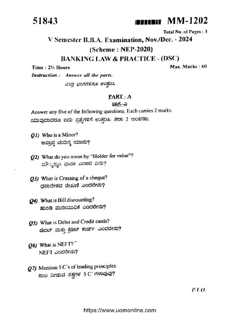 Bba 5 Sem Banking Law and Practice MM 1202 Dec 2024 | PDF