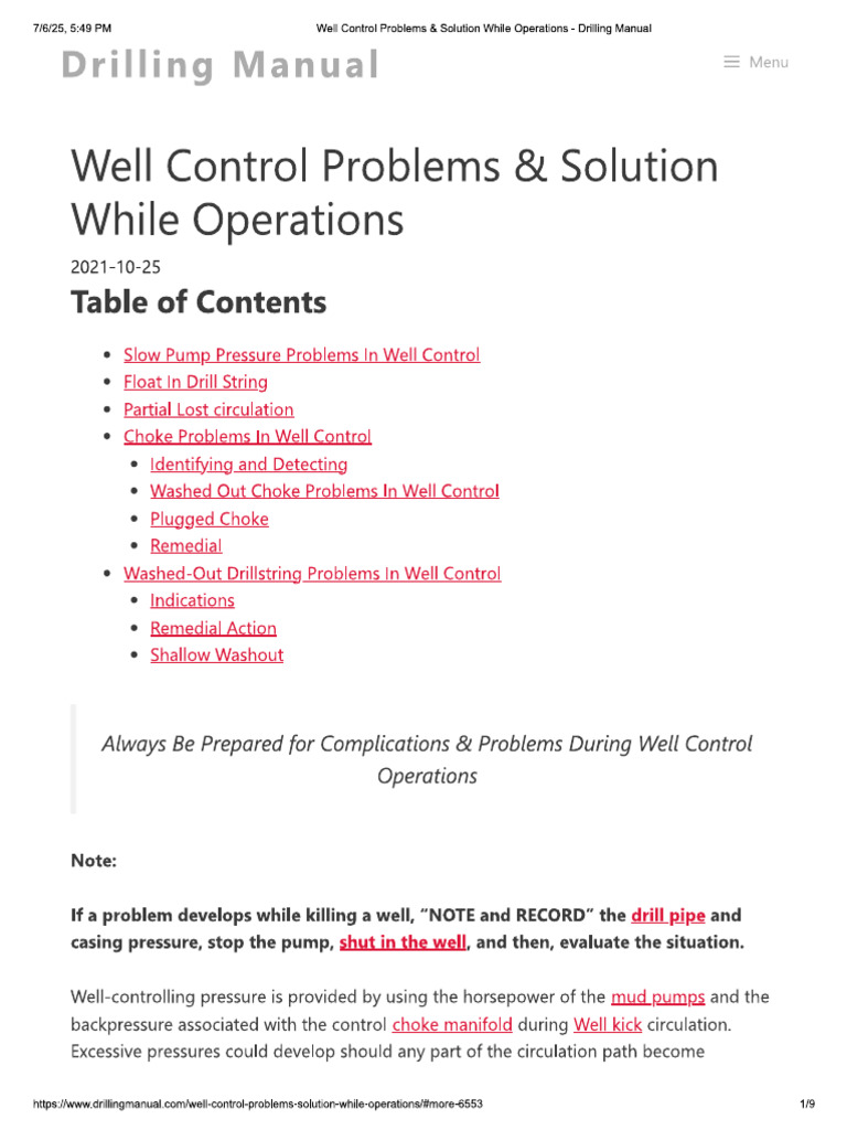 Well Control Problems & Solution While Operations | PDF