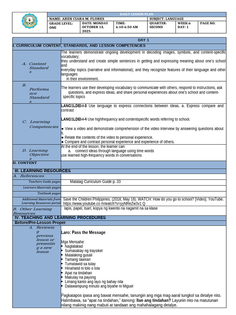 Grade 1 Language Daily Lesson Plan | PDF | Curriculum | Vocabulary