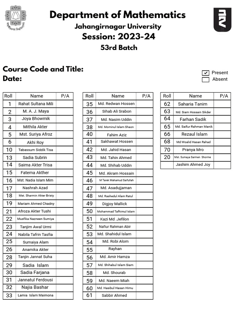 53 Batch Attendance Sheet | PDF