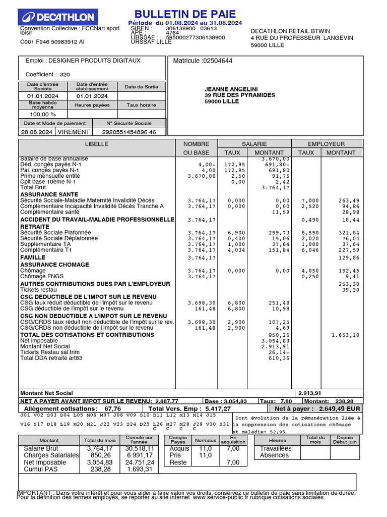 Bulletin de paie août 2024 - DECATHLON | PDF | Impôt sur le revenu ...